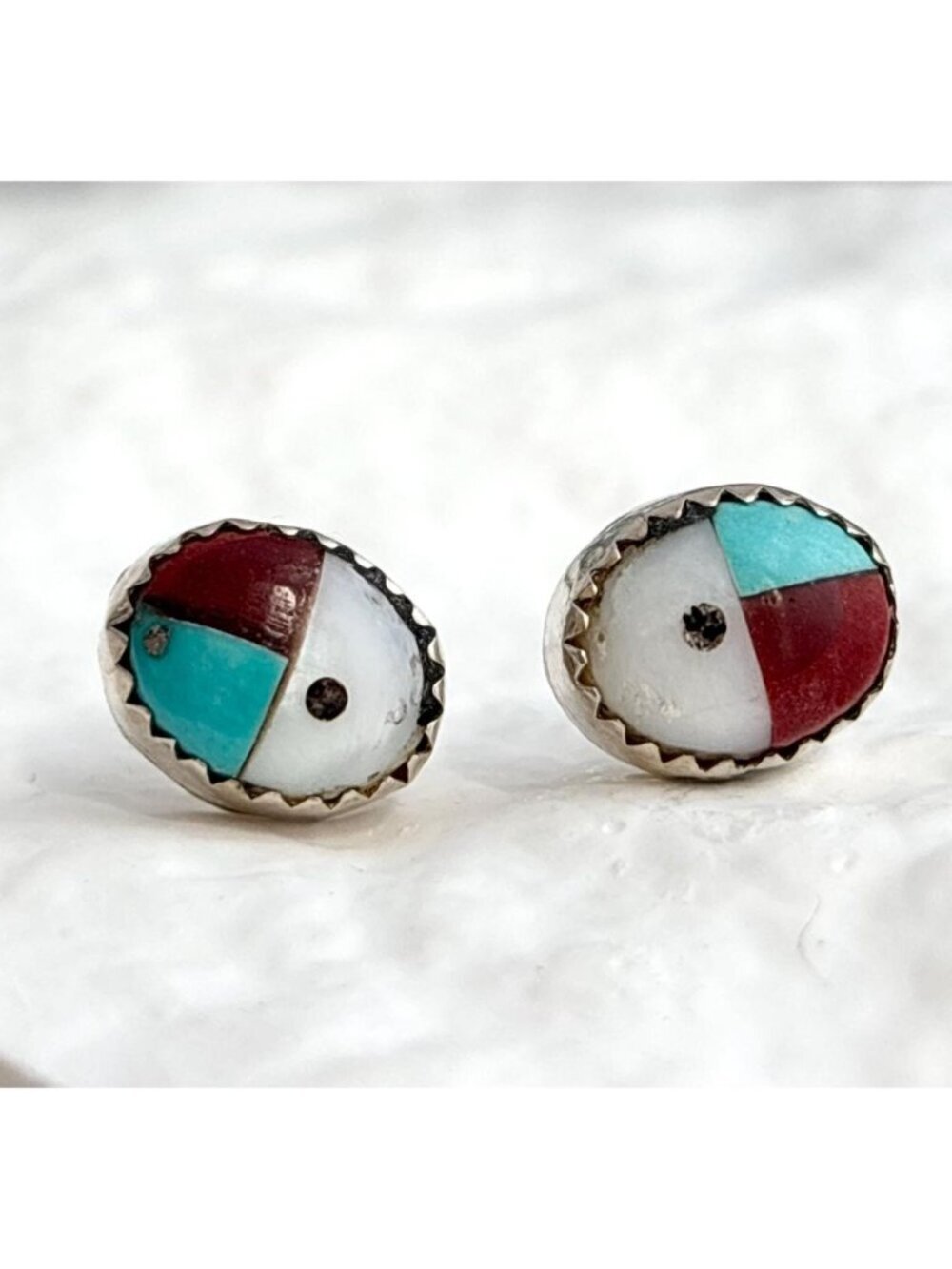 Zuni Turquoise, Mother of Pearl, Black Onyx Vintage Sterling Silver 925 Earrings